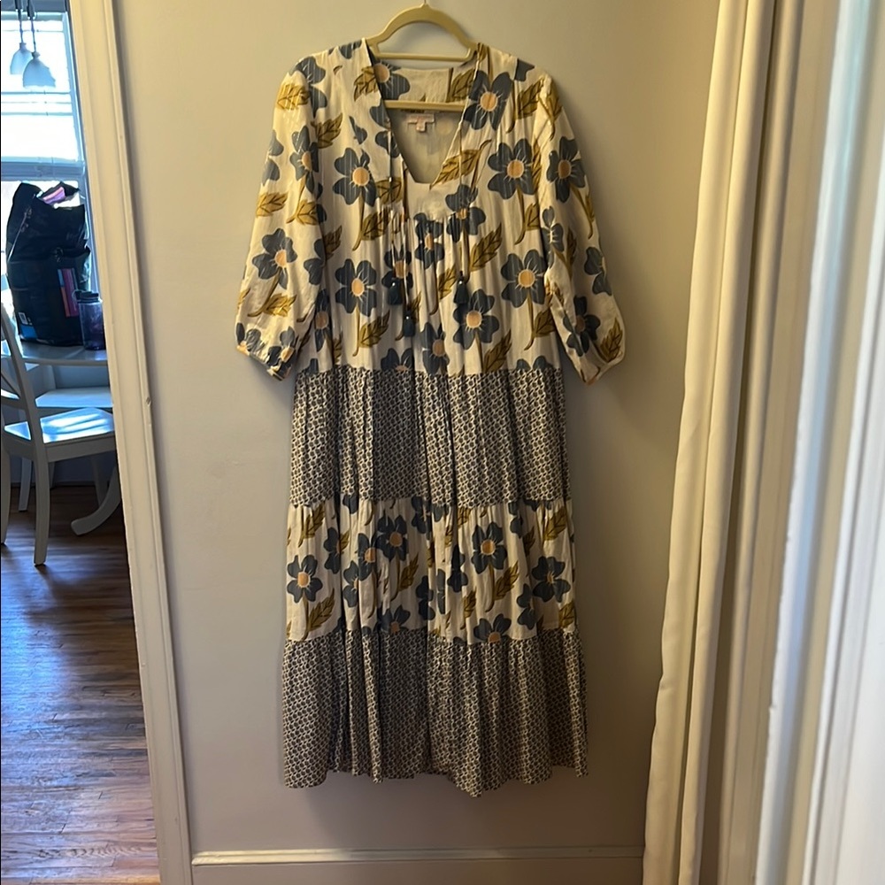 Pink Chicken Yellow and Gray Maxi Sundress with Bishop Sleeves